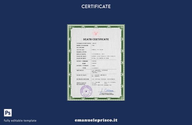 modello PSD del certificato di morte dei documenti vitali dell'Oman in stile ver